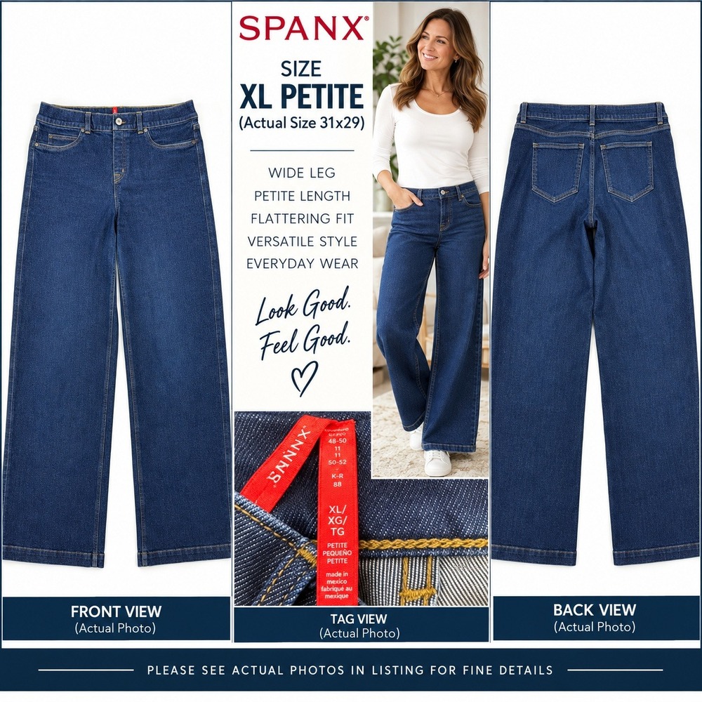 Spanx EveryWear Wide Leg Baggy Jeans Womens XL (31x29) Petite Dark Indigo #1933